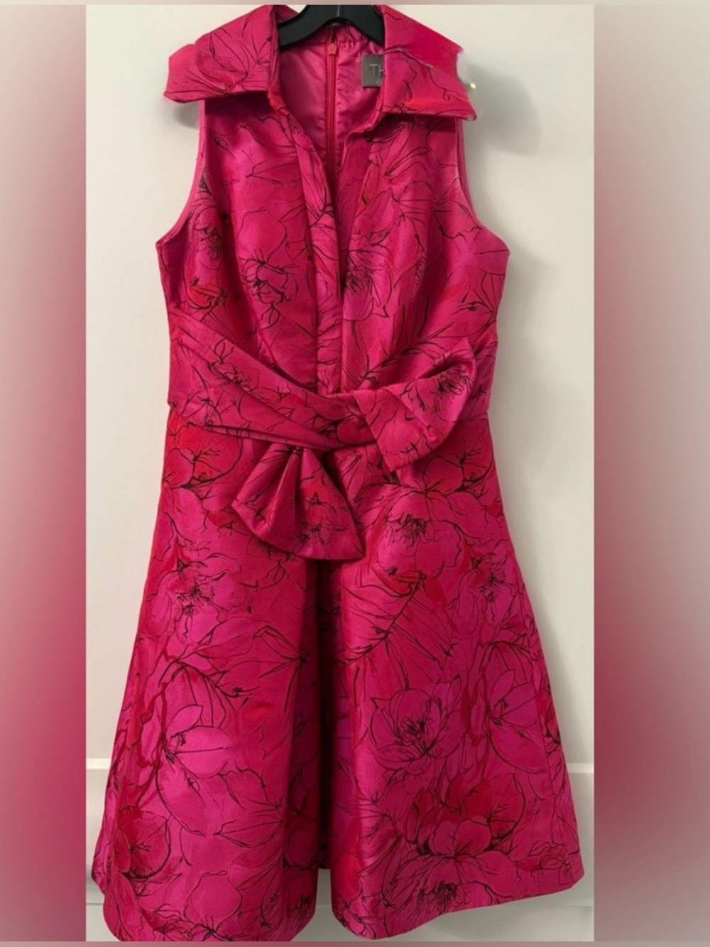 THEIA Vibrant Fuschia W/Black Jacquard Print Midi Dress.Front Bow.Sz 6 Pre-Loved